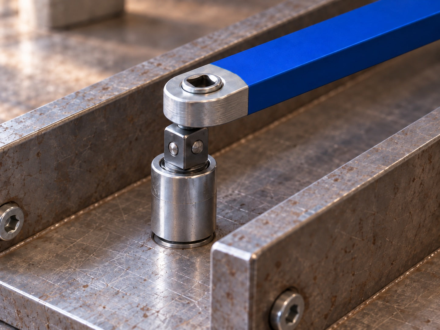 Illustrative close-up of the output connection and a socket seated at a fastener.