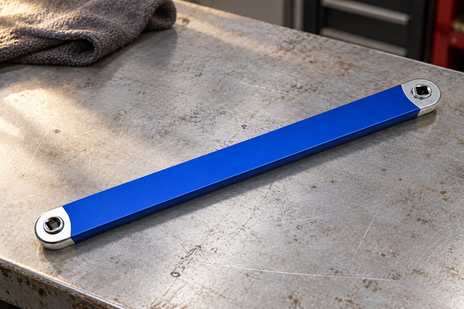 AI-generated product illustration of the blue offset extension on a workshop bench.