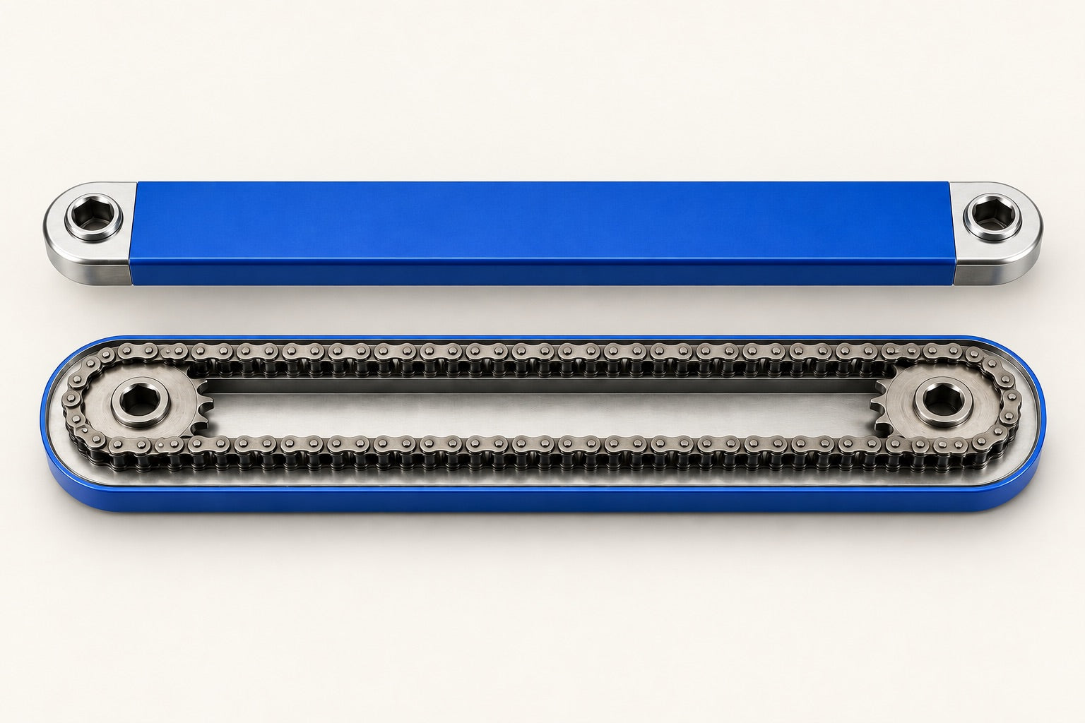 Concept illustration of a blue offset bar and its internal chain linking two drive points.