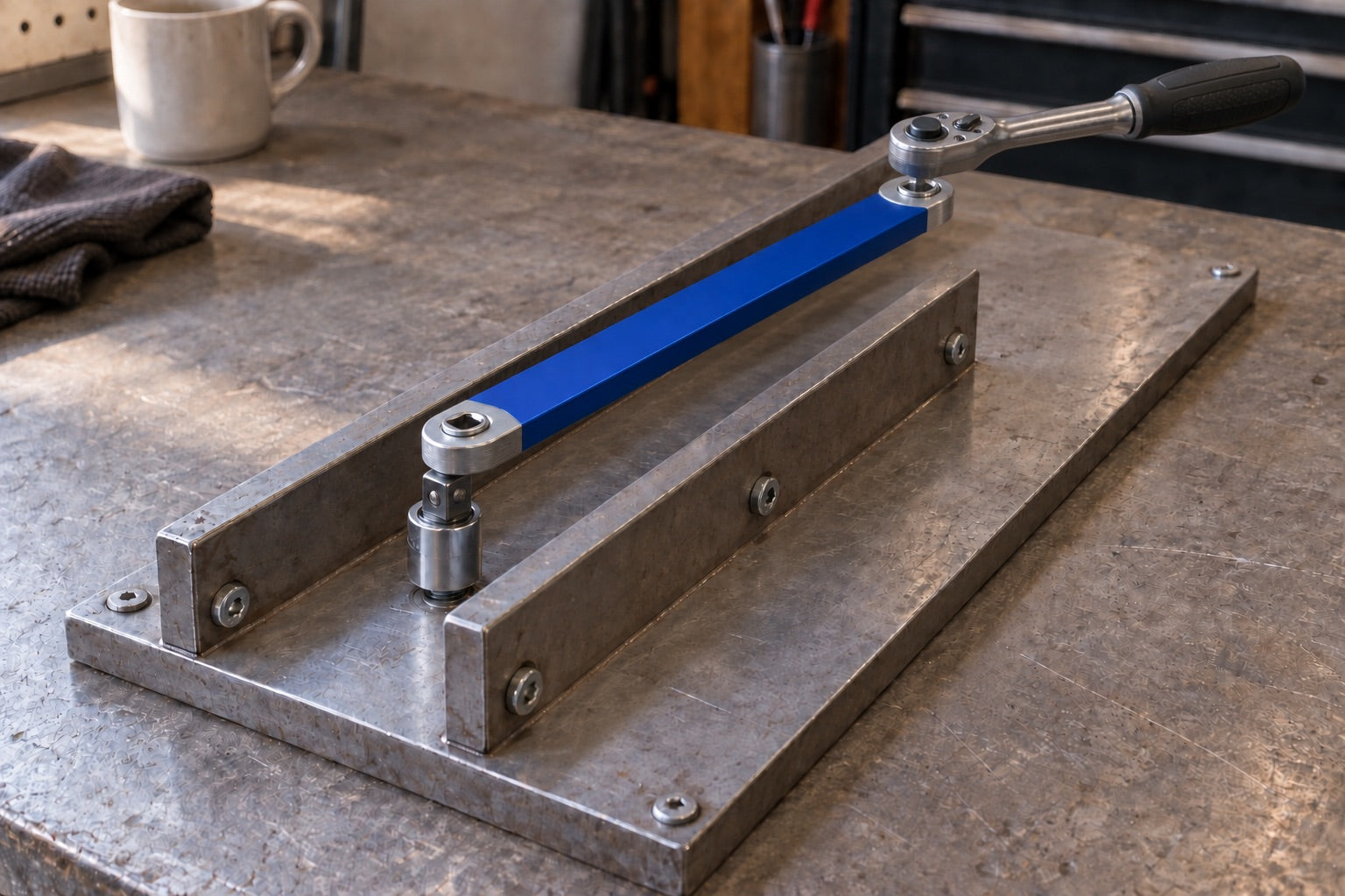 Illustrative fixture with the blue offset bar moving the ratchet connection beyond the steel rails.